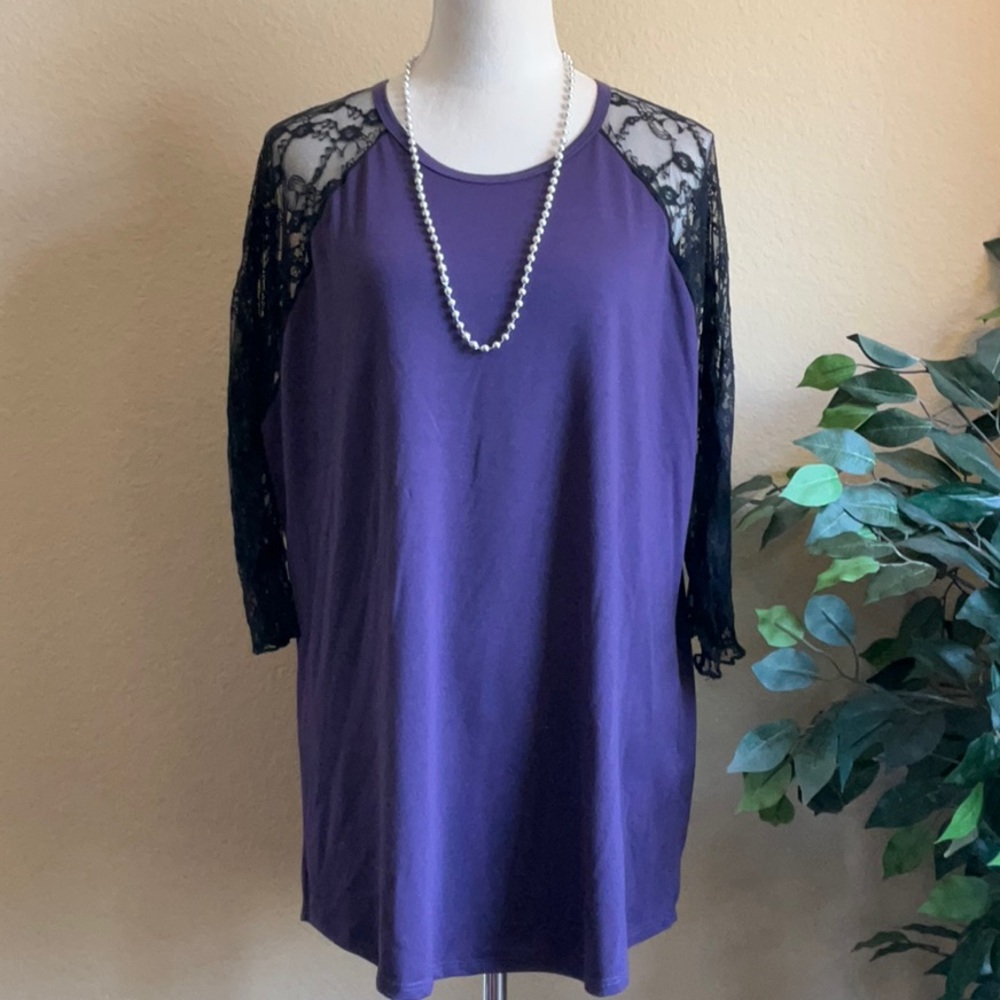 LuLaRoe Long Sleeve Purple Shirt with Black Lace Sleeves, 2XL